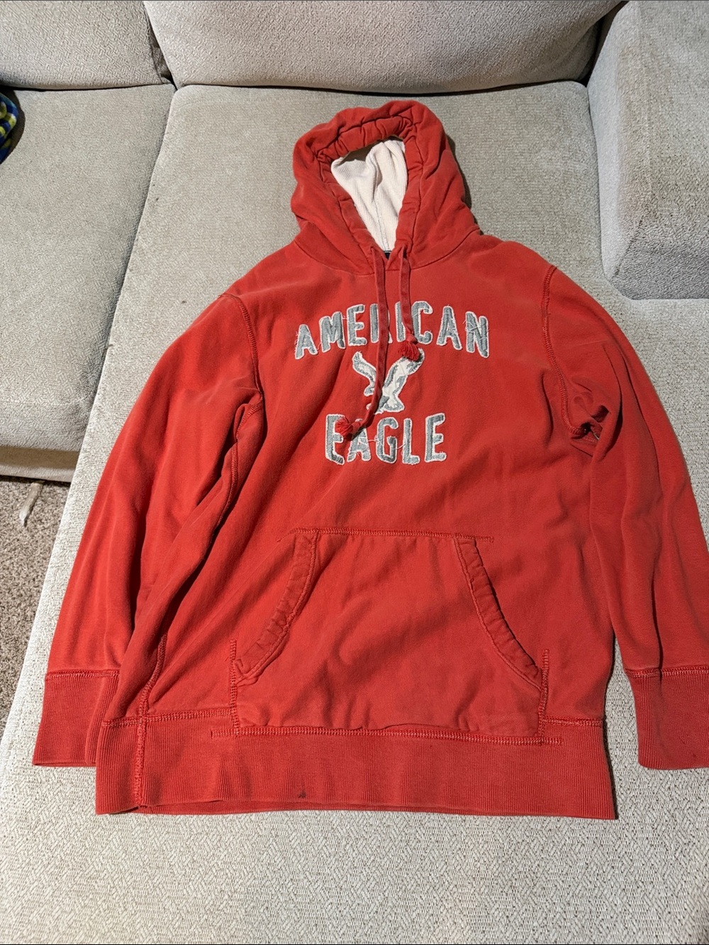 American Eagle Outfitters Men's Brick Red Hooded Pullover Sweatshirt
